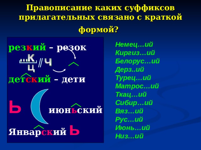 Правописание каких суффиксов прилагательных связано с краткой формой?  рез к ий – резок   дет ск ий – дети  Ь   июн ь ский Январ ск ий  ь Немец…ий  Киргиз…ий  Белорус…ий  Дерз..ий  Турец…ий  Матрос…ий  Ткац…ий  Сибир…ий  Вяз…ий  Рус…ий  Июнь…ий  Низ…ий