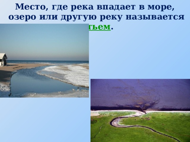 Место, где река впадает в море,  озеро или другую реку называется устьем . 