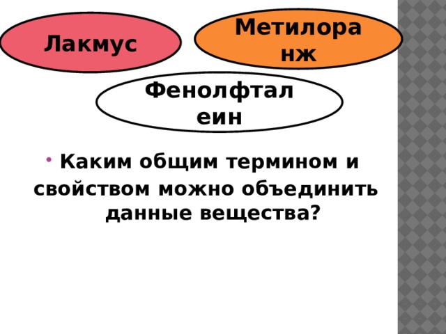 Метилоранж Лакмус Фенолфталеин Каким общим термином и свойством можно объединить данные вещества? 