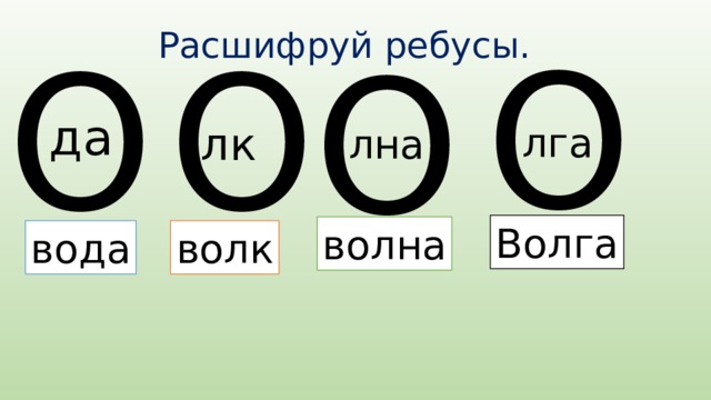 О Расшифруй ребусы. О О О да лк лга лна Волга волна вода волк 