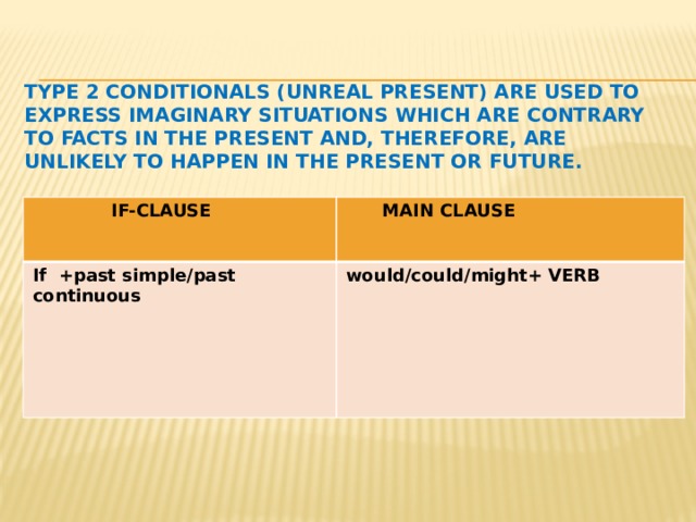  Type 2 Conditionals (unreal present) are used to express imaginary situations which are contrary to facts in the present and, therefore, are unlikely to happen in the present or future.  IF-CLAUSE  MAIN CLAUSE If +past simple/past continuous would/could/might+ VERB 