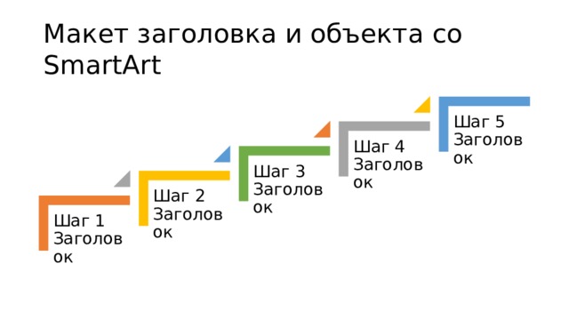 Макет заголовка и объекта со SmartArt Шаг 5  Заголовок Шаг 4  Заголовок Шаг 3  Заголовок Шаг 2  Заголовок Шаг 1  Заголовок 