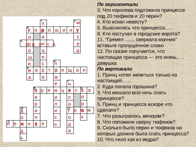 По горизонтали  3. Что королева подложила принцессе под 20 тюфяков и 20 перин?  4. Кто искал невесту?  6. Выяснилось что принцесса.. ..  8. Кто постучал в городские ворота?  11. 