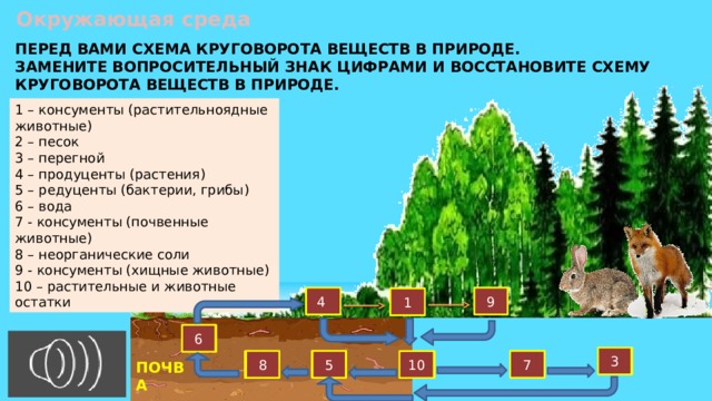 Окружающая среда ПЕРЕД ВАМИ СХЕМА КРУГОВОРОТА ВЕЩЕСТВ В ПРИРОДЕ. ЗАМЕНИТЕ ВОПРОСИТЕЛЬНЫЙ ЗНАК ЦИФРАМИ И ВОССТАНОВИТЕ СХЕМУ КРУГОВОРОТА ВЕЩЕСТВ В ПРИРОДЕ. 1 – консументы (растительноядные животные) 2 – песок 3 – перегной 4 – продуценты (растения) 5 – редуценты (бактерии, грибы) 6 – вода 7 - консументы (почвенные животные) 8 – неорганические соли 9 - консументы (хищные животные) 10 – растительные и животные остатки 4 9 ? ? 1 ? 6 ? ? 3 ? 5 8 ? 7 ? 10 ? ПОЧВА 