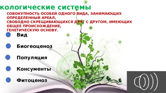 Экологические системы СОВОКУПНОСТЬ ОСОБЕЙ ОДНОГО ВИДА, ЗАНИМАЮЩИХ ОПРЕДЕЛЕННЫЙ АРЕАЛ, СВОБОДНО СКРЕЩИВАЮЩИХСЯ ДРУГ С ДРУГОМ, ИМЕЮЩИХ ОБЩЕЕ ПРОИСХОЖДЕНИЕ, ГЕНЕТИЧЕСКУЮ ОСНОВУ. Вид Биогеоценоз Популяция Консументы Фитоценоз 