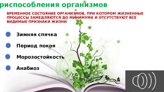 Приспособления организмов ВРЕМЕННОЕ СОСТОЯНИЕ ОРГАНИЗМОВ, ПРИ КОТОРОМ ЖИЗНЕННЫЕ ПРОЦЕССЫ ЗАМЕДЛЯЮТСЯ ДО МИНИМУМА И ОТСУТСТВУЮТ ВСЕ ВИДИМЫЕ ПРИЗНАКИ ЖИЗНИ Зимняя спячка Период покоя Морозостойкость Анабиоз 