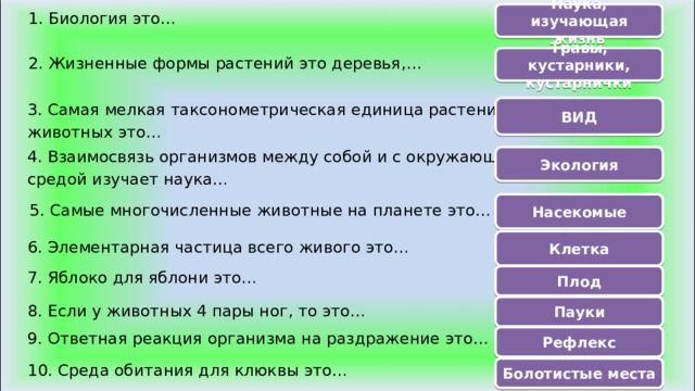 Наука, изучающая жизнь 1. Биология это… Травы, кустарники, кустарнички 2. Жизненные формы растений это деревья,… 3. Самая мелкая таксонометрическая единица растений и животных это… ВИД 4. Взаимосвязь организмов между собой и с окружающей средой изучает наука… Экология Насекомые 5. Самые многочисленные животные на планете это… Клетка 6. Элементарная частица всего живого это… 7. Яблоко для яблони это… Плод Пауки 8. Если у животных 4 пары ног, то это… 9. Ответная реакция организма на раздражение это… Рефлекс 10. Среда обитания для клюквы это… Болотистые места 