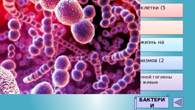 1. Эти живые организмы состоять всего из одной клетки (5 баллов) 2. Являются ПРОКОРИОТАМИ (4 балла) 3. По мнению ученых с них начала свое развитие жизнь на нашей планете (3 балла) 4. Кокки, спириллы, вибрионы – формы этих организмов (2 балла) 5. Антисанитарные условия и не соблюдение правил личной гигиены способствует проникновению этих организмов в другие живые организмы, вызывая различные заболевания (1 балл). БАКТЕРИИ 