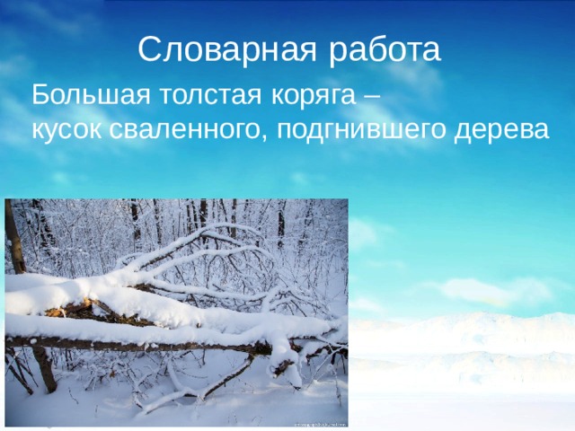 Словарная работа Большая толстая коряга – кусок сваленного, подгнившего дерева 