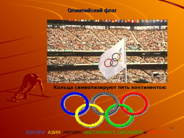 Олимпийский флаг Кольца символизируют пять континентов: Слайд №6  ЕВРОПА ,  АЗИЯ ,  АФРИКА,  АВСТРАЛИЯ С ОКЕАНИЕЙ  и  АМЕРИКА  