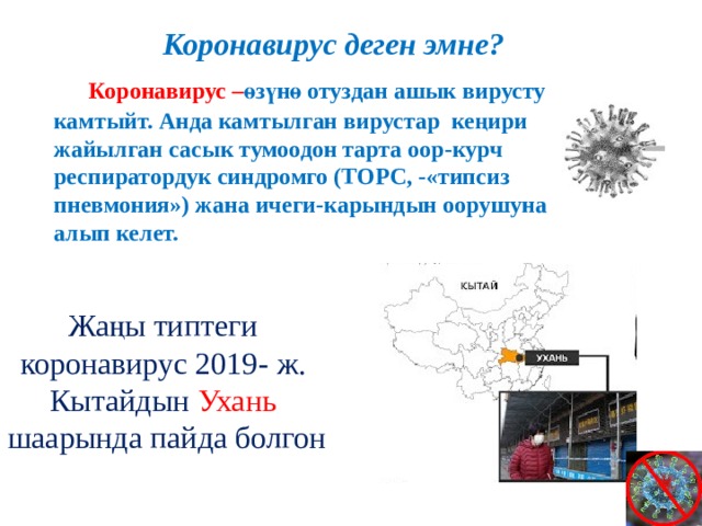  Коронавирус деген эмне?  Коронавирус – өзүнө отуздан ашык вирусту камтыйт. Анда камтылган вирустар кеңири жайылган сасык тумоодон тарта оор-курч респиратордук синдромго (ТОРС, -«типсиз пневмония») жана ичеги-карындын оорушуна алып келет. Жаңы типтеги коронавирус 2019-  ж. Кытайдын Ухань  шаарында пайда болгон 