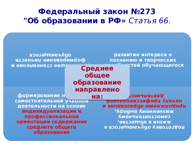 дальнейшее становление и формирование личности обучающегося формирование навыков самостоятельной учебной деятельности на основе индивидуализации и профессиональной ориентации содержания среднего общего образования подготовку обучающегося к жизни в обществе, самостоятельному жизненному выбору, продолжению образования и началу профессиональной деятельности Федеральный закон №273 