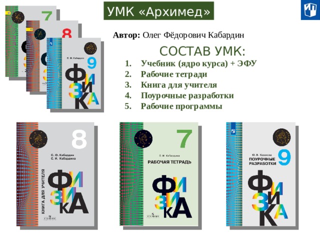 УМК «Архимед» Автор: Олег Фёдорович Кабардин СОСТАВ УМК: Учебник (ядро курса) + ЭФУ Рабочие тетради Книга для учителя Поурочные разработки Рабочие программы 