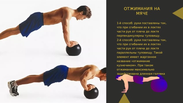 ОТЖИМАНИЯ НА МЯЧЕ 1-й способ: руки поставлены так, что при сгибании их в локтях части рук от плеча до локтя перпендикулярны туловищу. 2-й способ: руки поставлены так, что при сгибании их в локтях части рук от плеча до локтя параллельны туловищу. Такой элемент имеет жаргонное название «отжимание кузнечиком». При таком отжимании максимально задействована длинная головка трицепса. 