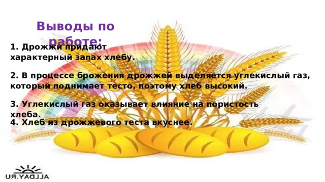 Выводы по работе: 1. Дрожжи придают характерный запах хлебу. 2. В процессе брожения дрожжей выделяется углекислый газ, который поднимает тесто, поэтому хлеб высокий. 3. Углекислый газ оказывает влияние на пористость хлеба. 4. Хлеб из дрожжевого теста вкуснее. 