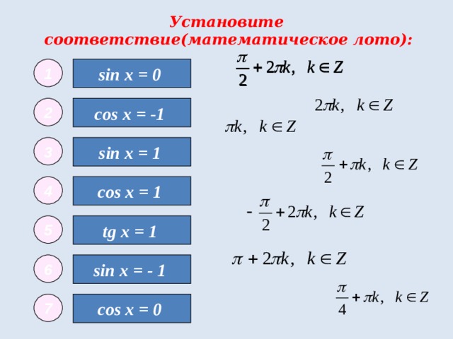 Установите  соответствие(математическое лото): 1 sin x = 0 cos x = -1 2 3 sin x = 1 4 cos x = 1 tg x = 1 5 sin x = - 1 6 cos x = 0 7 