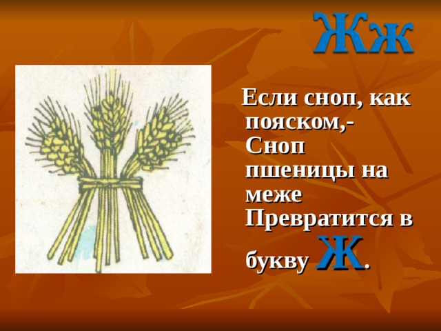  Если сноп, как пояском,- Сноп пшеницы на меже Превратится в букву Ж . 