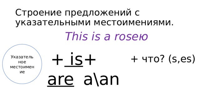 Строение предложений с указательными местоимениями. This is a roseю Указательное местоимение + a\an  + is are + что? (s,es) 
