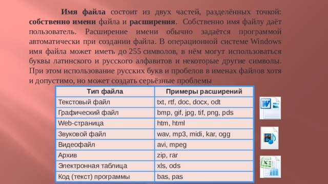   Имя файла состоит из двух частей, разделённых точкой: собственно имени файла и расширения . Собственно имя файлу даёт пользователь. Расширение имени обычно задаётся программой автоматически при создании файла. В операционной системе Windows имя файла может иметь до 255 символов, в нём могут использоваться буквы латинского и русского алфавитов и некоторые другие символы. При этом использование русских букв и пробелов в именах файлов хотя и допустимо, но может создать серьёзные проблемы Тип файла Текстовый файл Примеры расширений Графический файл txt, rtf, doc, docx, odt bmp, gif, jpg, tif, png, pds Web-страница Звуковой файл htm, html Видеофайл wav, mp3, midi, kar, ogg Архив avi, mpeg zip, rar Электронная таблица Код (текст) программы xls, ods bas, pas 