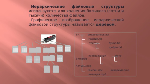 Иерархические файловые структуры используются для хранения большого (сотни и тысячи) количества файлов. Графическое изображение иерархической файловой структуры называется деревом . E:\ видеозапись.avi  график.xls  тексты буква.txt  цифры.txt  изображения фото Бия.jpeg  Катунь.jpeg  Онегин.doc аквариум.bmp  мелодия.mp3 ----- ----- ----- ----- ----- ----- ----- ----- ----- ----- ----- ----- ----- ----- ----- ----- ----- ----- ----- ----- ----- ----- ----- ----- ----- ----- ----- ----- ----- ----- ----- ----- ----- ----- ----- ----- 