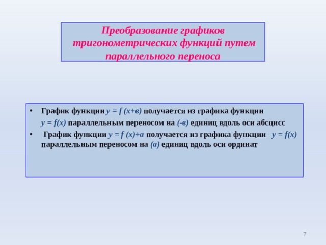 Преобразование графиков  тригонометрических функций путем параллельного переноса График функции у = f (x +в) получается из графика функции   у = f(x) параллельным переносом на (-в) единиц вдоль оси абсцисс  График функции у = f (x )+а получается из графика функции   у = f(x) параллельным переносом на (а) единиц вдоль оси ординат  5 