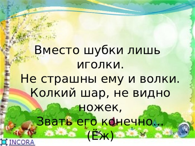Вместо шубки лишь иголки.  Не страшны ему и волки.  Колкий шар, не видно ножек,  Звать его конечно...  (Ёж) 