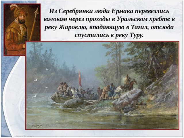 Из Серебрянки люди Ермака перевезлись волоком через проходы в Уральском хребте в реку Жаровлю, впадающую в Тагил, отсюда спустились в реку Туру. 