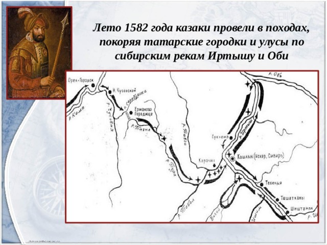 Лето 1582 года казаки провели в походах, покоряя татарские городки и улусы по сибирским рекам Иртышу и Оби 