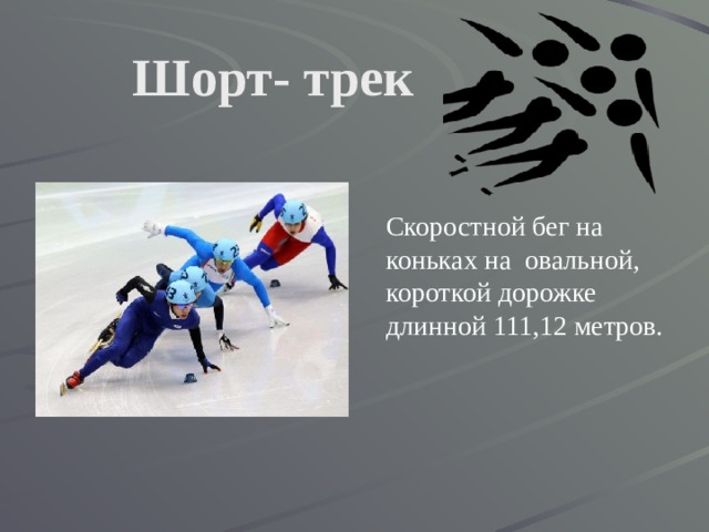 Шорт- трек Скоростной бег на коньках на овальной, короткой дорожке длинной 111,12 метров. 