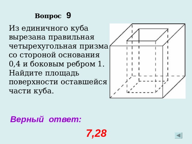 Вопрос 9 Из единичного куба вырезана правильная четырехугольная призма со стороной основания 0,4 и боковым ребром 1. Найдите площадь поверхности оставшейся части куба.  7,28 Верный ответ: 