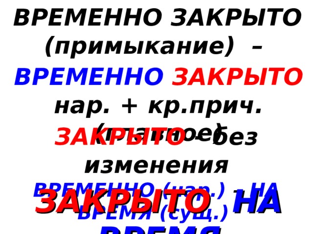 ВРЕМЕННО ЗАКРЫТО (примыкание) – ВРЕМЕННО  ЗАКРЫТО  нар. + кр.прич. (главное) ЗАКРЫТО - без изменения ВРЕМЕННО (нар.) – НА ВРЕМЯ (сущ.)  ЗАКРЫТО  НА ВРЕМЯ 