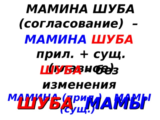 МАМИНА ШУБА (согласование) – МАМИНА  ШУБА  прил. + сущ. (главное) ШУБА - без изменения МАМИНА (прил.) – МАМЫ (сущ.)  ШУБА  МАМЫ 