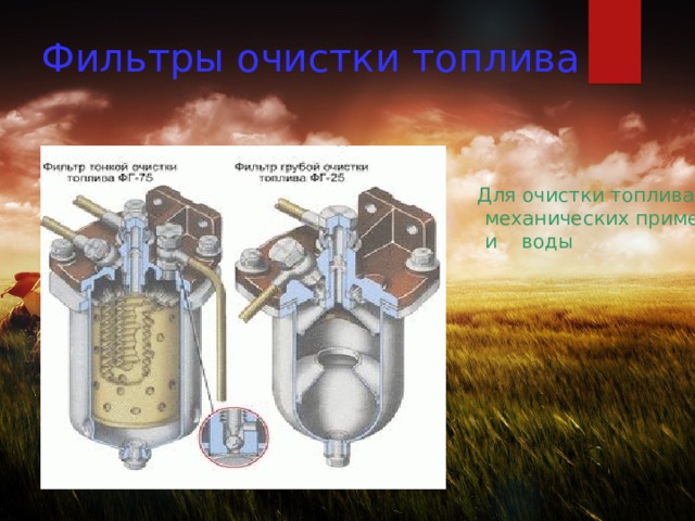 Фильтры очистки топлива  Для очистки топлива от механических примесей и воды 