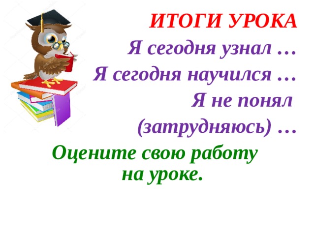  ИТОГИ УРОКА Я сегодня узнал …  Я сегодня научился …  Я не понял (затрудняюсь) … Оцените свою работу  на уроке. 