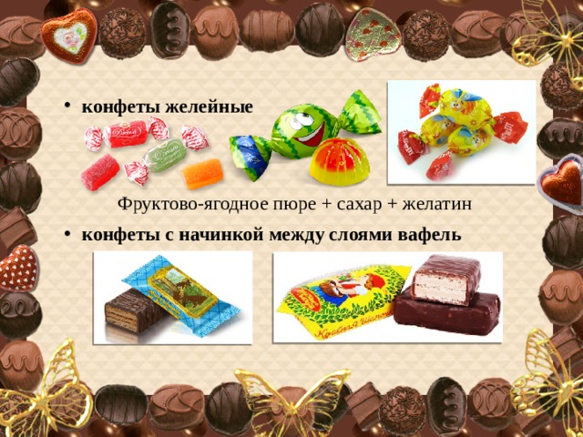 конфеты желейные Фруктово-ягодное пюре + сахар + желатин конфеты с начинкой между слоями вафель 