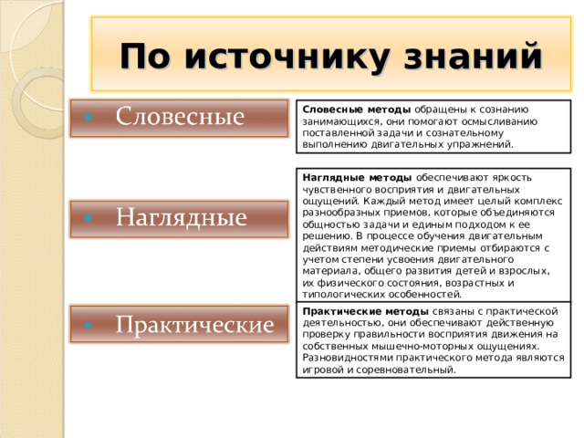 По источнику знаний Словесные методы  обращены к сознанию занимающихся, они помогают осмысливанию поставленной задачи и сознательному выполнению двигательных упражнений. Наглядные методы  обеспечивают яркость чувственного восприятия и двигательных ощущений. Каждый метод имеет целый комплекс разнообразных приемов, которые объединяются общностью задачи и единым подходом к ее решению. В процессе обучения двигательным действиям методические приемы отбираются с учетом степени усвоения двигательного материала, общего развития детей и взрослых, их физического состояния, возрастных и типологических особенностей. Практические методы  связаны с практической деятельностью, они обеспечивают действенную проверку правильности восприятия движения на собственных мышечно-моторных ощущениях. Разновидностями практического метода являются игровой и соревновательный. 4 