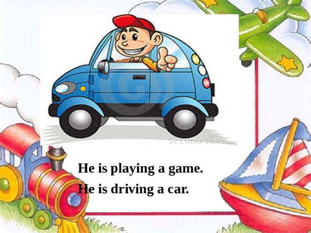   He is playing a game. He is driving a car. 