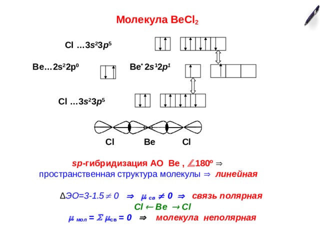 Молекула ВеС l 2  С l …3 s 2 3 р 5 Ве…2 s 2 2р 0 Ве *  2 s 1 2 p 1    С l …3 s 2 3 р 5  Cl Be Cl   sp -гибридизация  АО  Ве  ,   180 º    пространственная структура молекулы   линейная ∆ ЭО =3-1.5   0        св   0      связь полярная  Cl  Be    Cl   мол  =    св  = 0     молекула  неполярная 