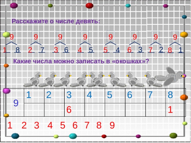 Расскажите о числе девять: 9 9 9 9 9 9 9 9 3 2 2 3 4 1 6 5 5 7 1 8 7 4 6 8 Какие числа можно записать в «окошках»? 1 2 3 6 4 5 6 7 8 1 9 6 9 8 7 2 5 4 3 1 14 