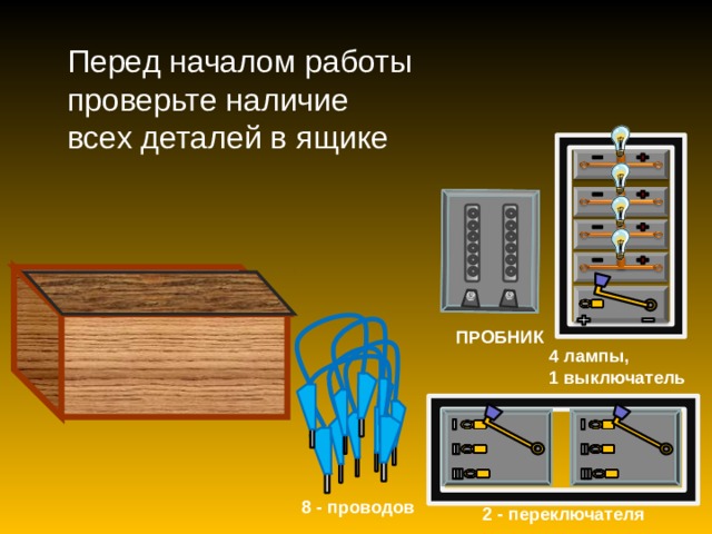 Перед началом работы проверьте наличие всех деталей в ящике ПРОБНИК 4 лампы, 1 выключатель 8 - проводов 2 - переключателя 