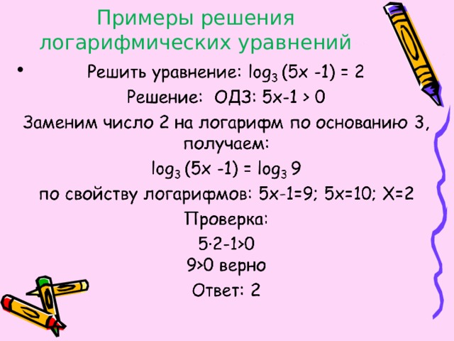 Примеры решения логарифмических уравнений   