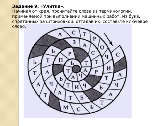 Задание 9. «Улитка».    Начиная от края, прочитайте слова из терминологии, применяемой при выполнении машинных работ. Из букв, спрятанных за штриховкой, отгадав их, составьте ключевое слово. 
