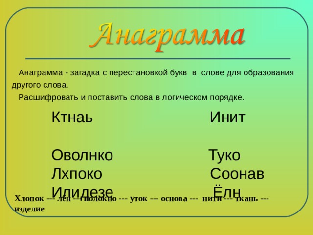  Анаграмма - загадка с перестановкой букв в слове для образования другого слова.  Расшифровать и поставить слова в логическом порядке. Ктнаь Инит Оволнко Туко Лхпоко Соонав Илидезе Ёлн Хлопок --- лён --- волокно ---  уток --- основа --- нити --- ткань --- изделие 