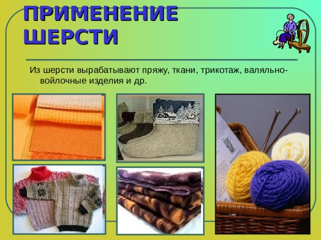 ПРИМЕНЕНИЕ ШЕРСТИ Из шерсти вырабатывают пряжу, ткани, трикотаж, валяльно-войлочные изделия и др. 