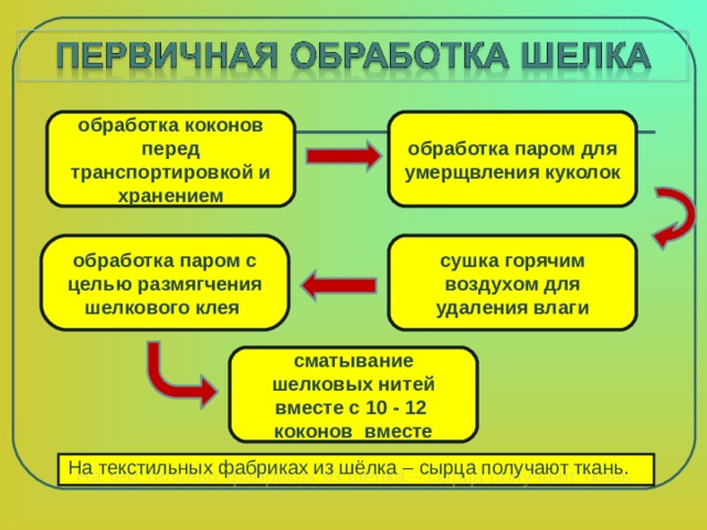 обработка коконов перед транспортировкой и хранением обработка паром для умерщвления куколок обработка паром с целью размягчения шелкового клея сушка горячим воздухом для удаления влаги сматывание шелковых нитей вместе с 10 - 12 коконов вместе На текстильных фабриках из шёлка – сырца получают ткань.  