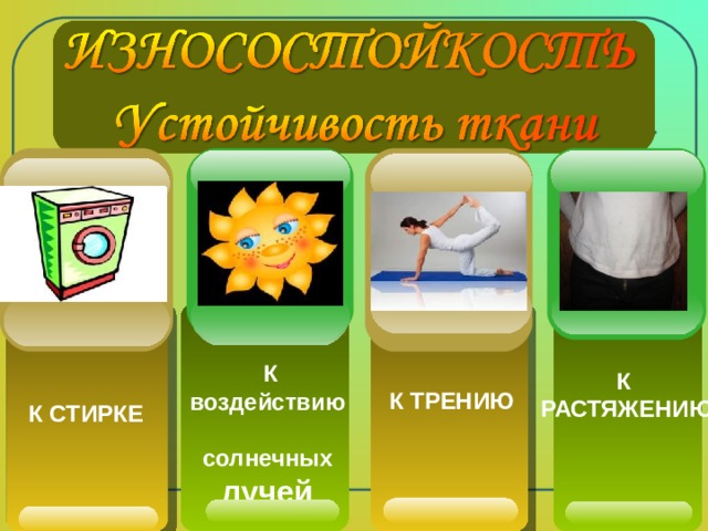  B Title C Title   К воздействию солнечных лучей К РАСТЯЖЕНИЮ К ТРЕНИЮ К СТИРКЕ 