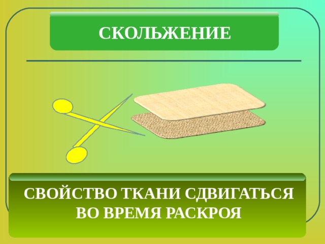 СКОЛЬЖЕНИЕ СВОЙСТВО ТКАНИ СДВИГАТЬСЯ ВО ВРЕМЯ РАСКРОЯ 