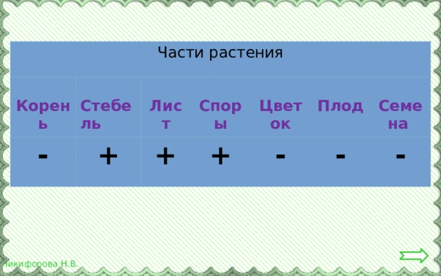 Части растения  - Корень  Стебель  + Лист  + +  Споры  - Цветок Плод  - - Семена 
