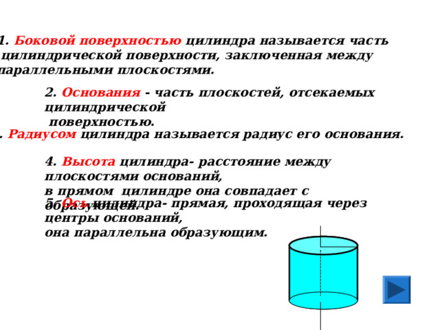 1.  Боковой поверхностью  цилиндра называется часть  цилиндрической поверхности, заключенная между параллельными плоскостями. 2.  Основания - часть плоскостей, отсекаемых цилиндрической  поверхностью. 3.  Радиусом  цилиндра называется радиус его основания. 4.  Высота  цилиндра- расстояние между плоскостями оснований, в прямом цилиндре она совпадает с образующей. 5.  Ось  цилиндра- прямая, проходящая через центры оснований, она параллельна образующим. 