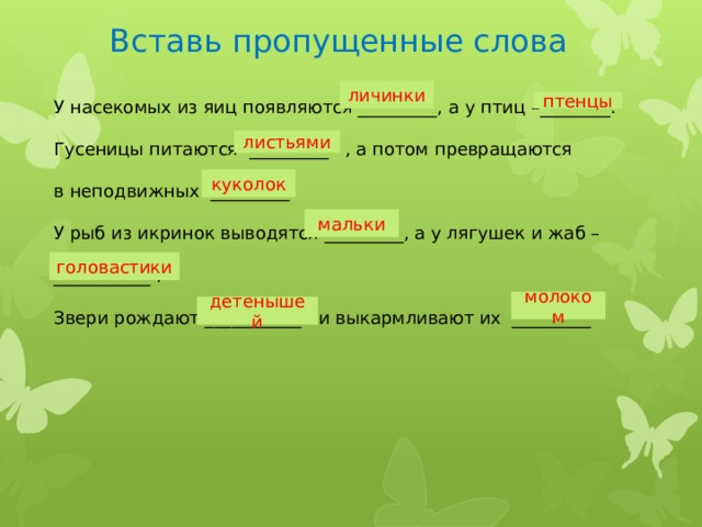 Вставь пропущенные слова личинки У насекомых из яиц появляются _________, а у птиц –________. птенцы Гусеницы питаются _________ , а потом превращаются в неподвижных _________. У рыб из икринок выводятся _________, а у лягушек и жаб – ___________ . Звери рождают ___________ и выкармливают их _________ листьями куколок мальки головастики молоком детенышей 
